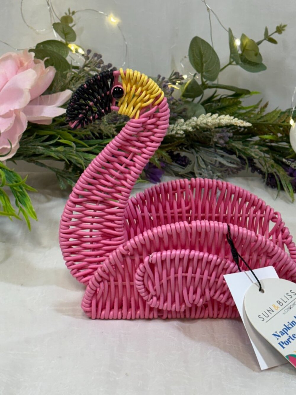 Ciroa Hello Summer Pink Wicker Tropical Flamingo Napkin Holder New